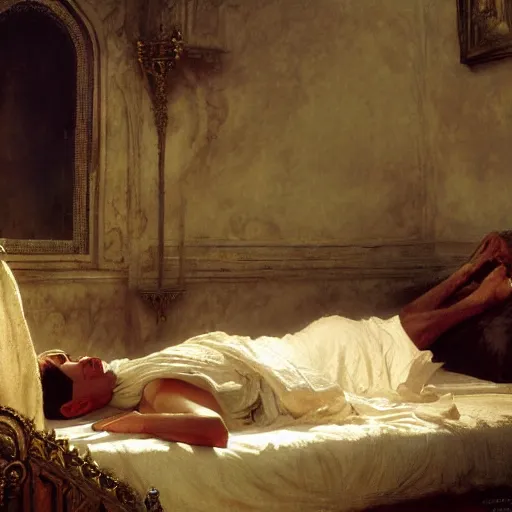 Prompt: the pope laying down in his bed, terrified, because a double horned shadow demon is in the bedroom. highly detailed painting by gaston bussiere, greg rutkowski, craig mullins 8 k