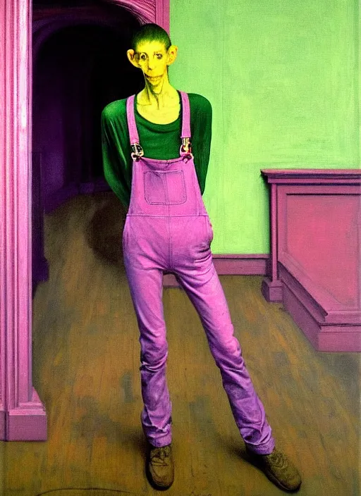 Prompt: a skinny, starving artist wearing overalls, painting the walls inside a grand ornate cathedral, hauntingly surreal, highly detailed painting by francis bacon, edward hopper, adrian ghenie, gerhard richter, soft light 4 k in pink, green and blue colour palette