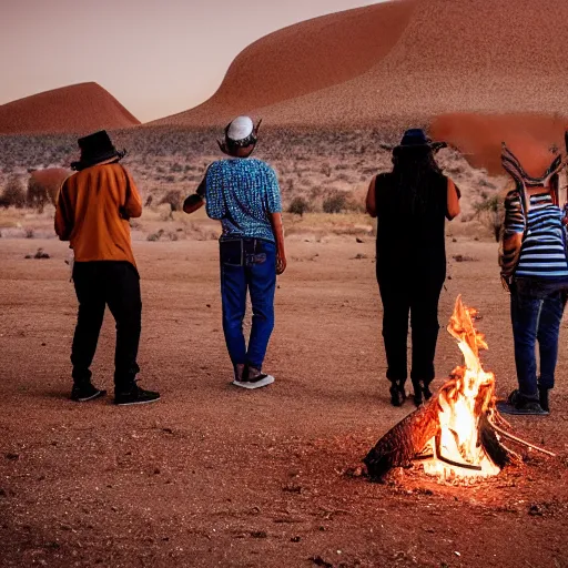 Prompt: photograph of three ravers, two men, one woman, woman is in a trenchcoat, blessing the soil at night, seen from behind, talking around a fire, two aboriginal elders, dancefloor kismet, diverse costumes, clean composition, desert transition area, bonfire, starry night, australian desert, xf iq 4, symmetry, sony a 7 r