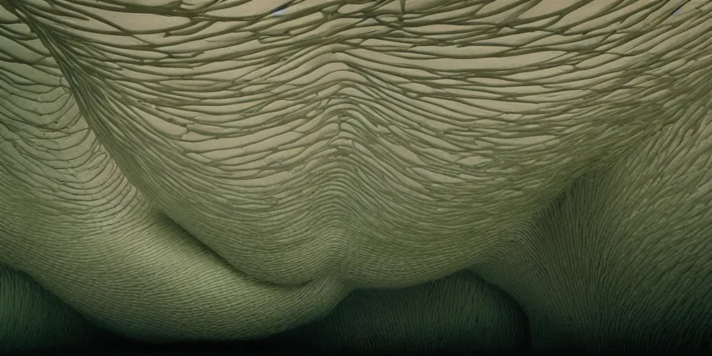 Image similar to biomorphic inflated structures by ernesto neto, light - mint with light - pink color, 4 k, insanely quality, highly detailed, film still from the movie directed by denis villeneuve with art direction by zdzisław beksinski, telephoto lens, shallow depth of field