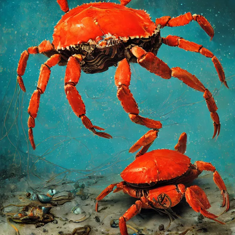 Image similar to Hyperrealistic intensely colored Studio wet collodion Photograph portrait of a deep sea Giant Armored Crab with 10 long spindly legs deep underwater in darkness long exposure, award-winning nature deep sea expressionistic impasto heavy brushstrokes oil painting by Jenny Saville and Norman Rockwell and Audubon vivid colors hyperrealism 8k