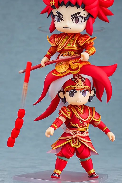 Image similar to arty chinese mythology ne zha nendoroid full body hyperdetalied, hero pose, osamu tezuka, macoto takahashi, chibi, q posket, 8 k realistic, 3 d, cryengine, exquisite, red cloth around his shoulders, hold spear, ne zha ( 2 0 1 9 ), fenghua zhong,