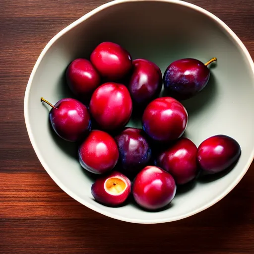 Image similar to photo of a thick porcelain bowl filled with a few moist freshly picked plums on a wooden table. volumetric lighting. 4 k. small scale. realistic.