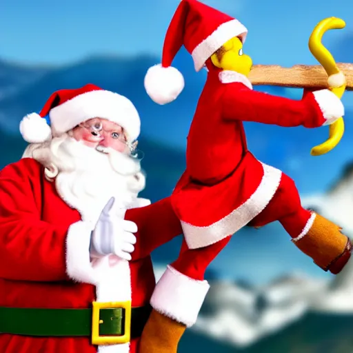 Image similar to Santa clause shooting an elf out of a slingshot across the mountains