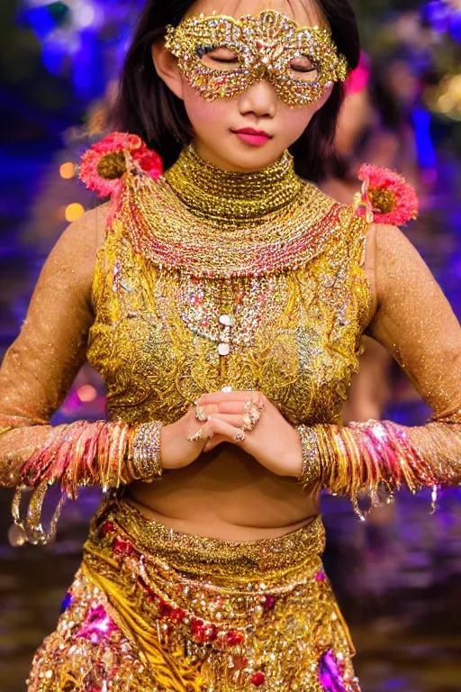 Image similar to photo of a beautiful asian woman fully dressed in clothes made out of jewels while dancing in the middle of a river, low light, , golden hour, highly detailed, 8k