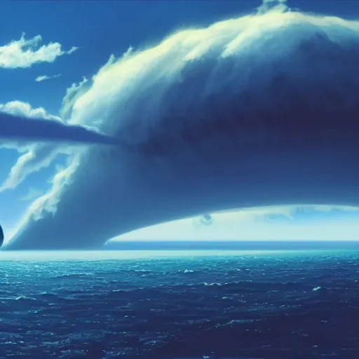 Image similar to beautiful matte painting of a dreamy ocean with clouds, sci - fi, daylight, blue sky, cinematic lighting, cinematic perspective, planet above, syd mead, john harris, federico pelat, detailed, 4 k, hd