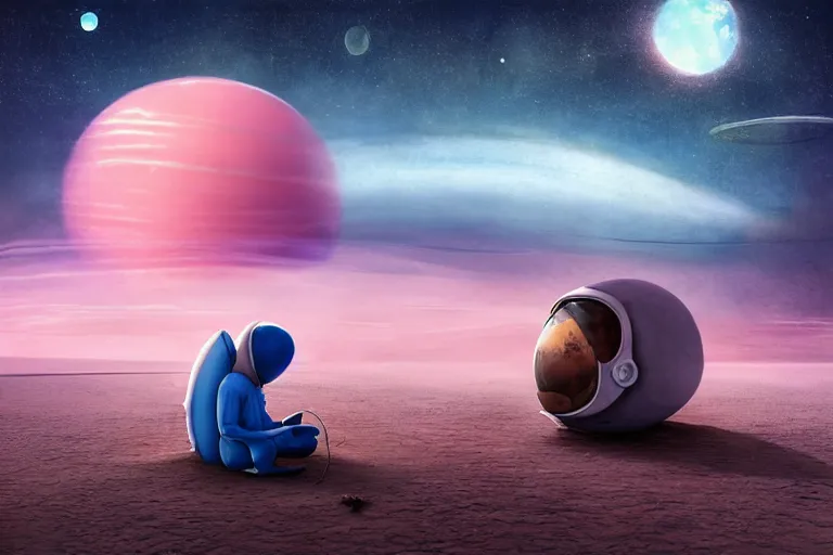 Image similar to gediminas pranckevicius astronaut sitting at the beach next to his spaceship on a pink, blue, purple alien planet watching the sunset, surreal photography, dark night, stars, planets, moon light,