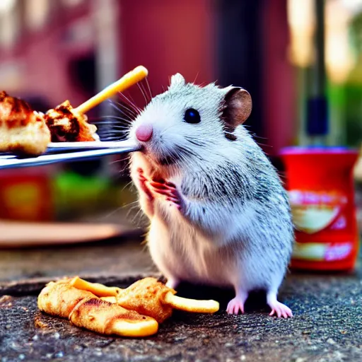 Image similar to detailed photo of a hamster eating a kebab, outdoors, various poses, full body, daylight, 8 k