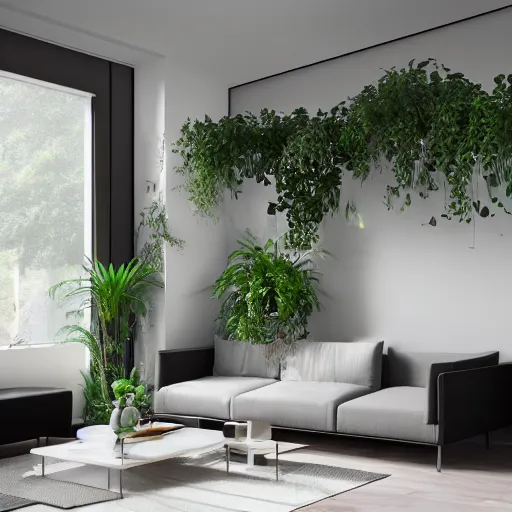 Prompt: a modern indoor room clean architecture, a couch, a couch table, some plants, daylight, peaceful, 8K octane render