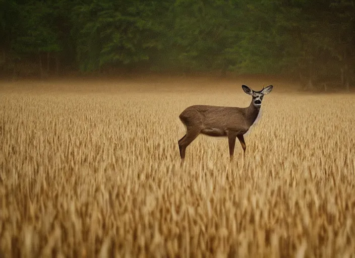 Image similar to A photo of a deer standing in a wheat field surrounded by a forest