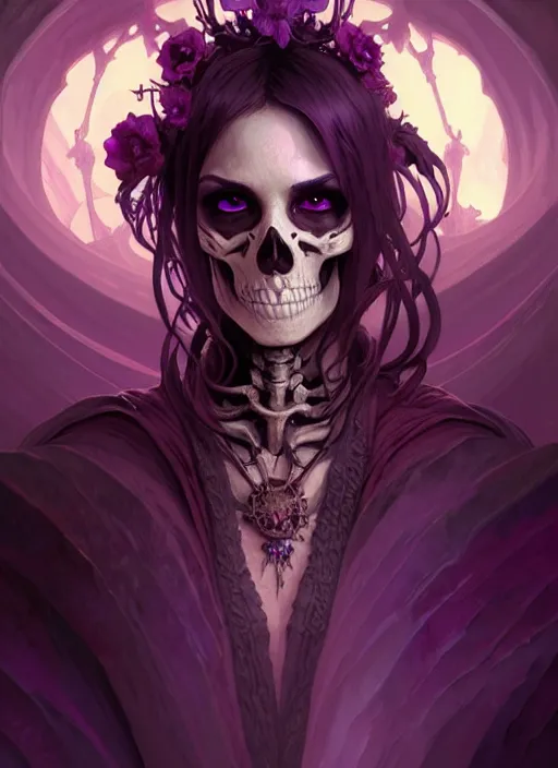 Prompt: skeleton necromancer, purple palette, cave landscape, fantasy magic, dark light night, intricate, elegant, sharp focus, illustration, highly detailed, digital painting, concept art, matte, art by wlop and artgerm and greg rutkowski and alphonse mucha, masterpiece