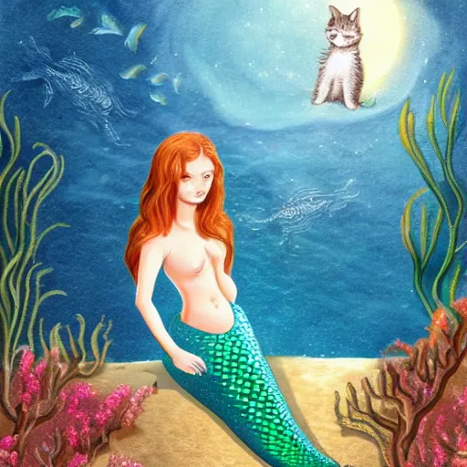 Image similar to a mermaid meets a kitten, fantasy illustration,