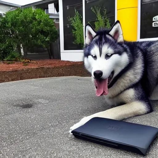 Image similar to a very big husky dog using his old lenovo desktop to search the internet for how to use Discord, there is a McDonalds across the street from the dog's house