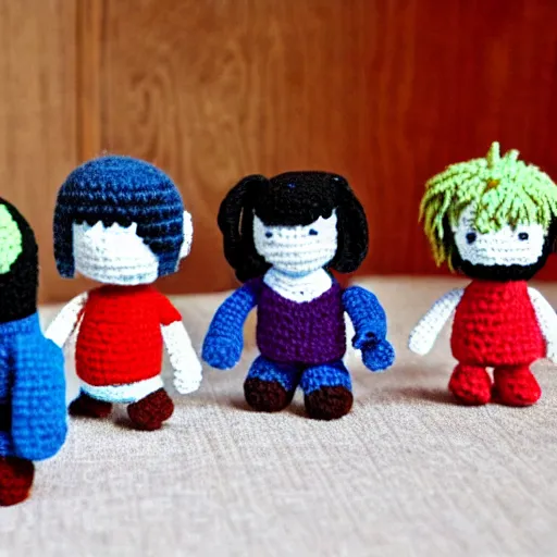 Prompt: toy beatles group created with crochet wool playing music
