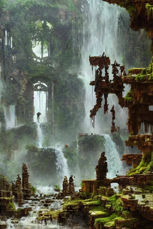 Image similar to looking up at ancient atlantis ruins interior, waterfall, brocken statues, moss, intricate, elegant, vivid colors, highly detailed, john park, craig mullins, sparth, ruan jia, jeffrey catherine jones