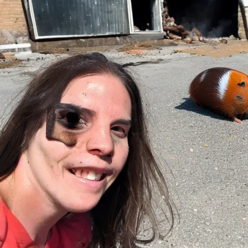 Image similar to a guinea pig selfie in front of a burning building