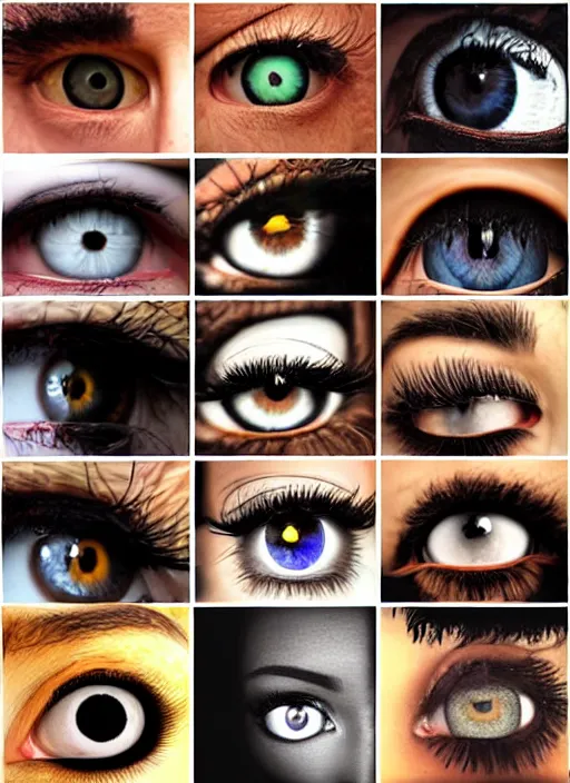 Image similar to grid montage of cube shaped eyes, square shaped black dilated pupils, cube shaped irises, detailed colored textures, eyelashes, advanced art, art styles mix, from wikipedia, wet reflections in square eyes, sunshine light, hd macro photograph, from side, various eyelid positions, square black pupil centered