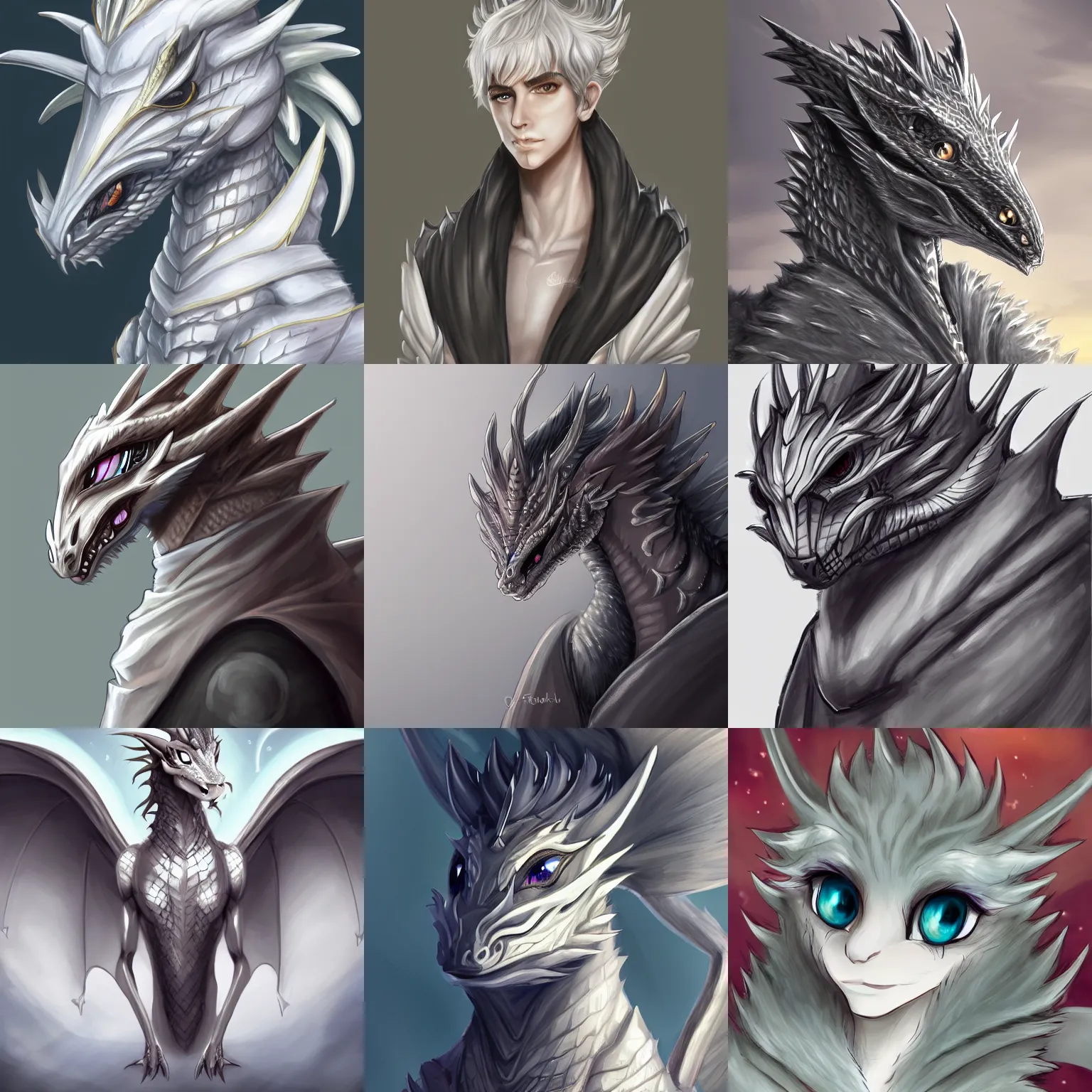 Image similar to very very beautiful half body side angle portrait of a handsome anthropomorphic silver dragon, soft delicate draconic features, cute eyes, eyelashes, wearing a luxurious silk cloak, commission on furaffinity, artstation, high quality digital art, warm colors