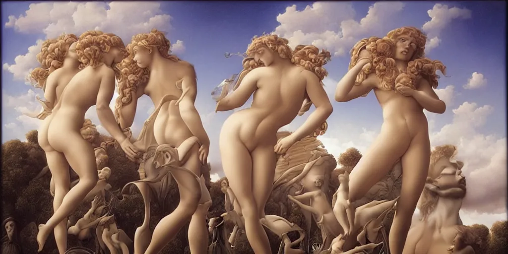 Prompt: the three graces by michael parkes magic realism, hyper realistic