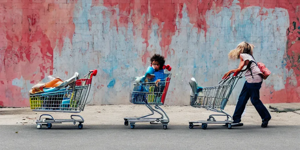 Image similar to homeless mother pushing a shopping cart with a child riding in it, in front of a blank wall