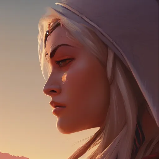 Prompt: very detailed masterpiece painting of ashe from overwatch in a desert, closeup, portrait, artstation, concept art by greg rutkowski