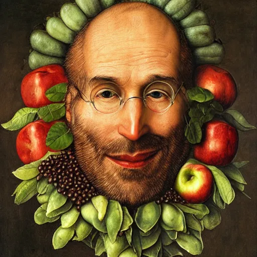 Prompt: giuseppe arcimboldo, steve jobs, apples