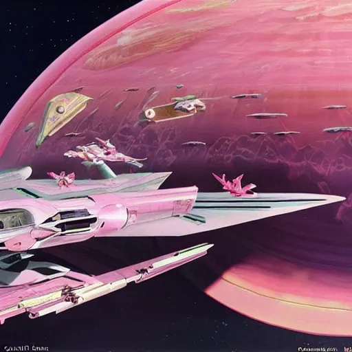Image similar to barbie's gorgeous pink spaceship reaches ganymede. dramatic lights, hyper detailed high definition masterpiece by chesley bonestell