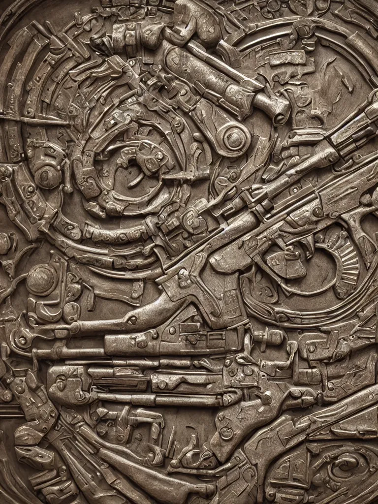 Prompt: relief sculpture carving in metal of machine guns, hyperrealistic, ultrarealistic, intricate details, 4k, unreal 5, digital art