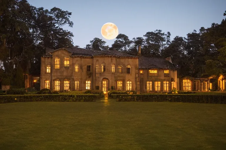 Image similar to luxurious but overgrown estate, night, golden moon