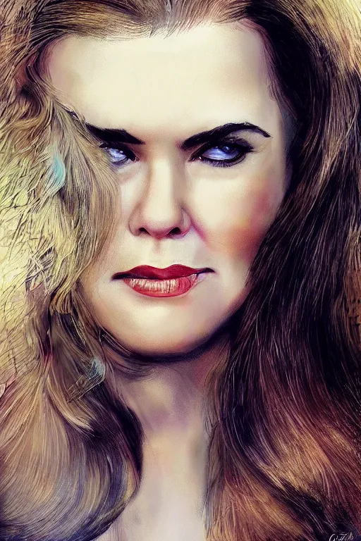 Image similar to mix of beautiful young maria shriver, mariel hemmingway, brooke shields, nicole kidman and elle macpherson as a boa constrictor, thin lips, hair tied up in a pony tail, dark blonde hair, colorful, artstation, cgsociety