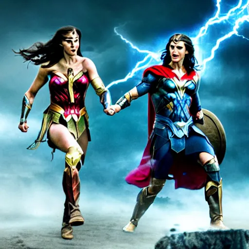 Image similar to chris hemsworth as thor, and gaul gadot as wonder woman, cinematic movie scene, epic fight, blue lightning, yellow lightning, photo