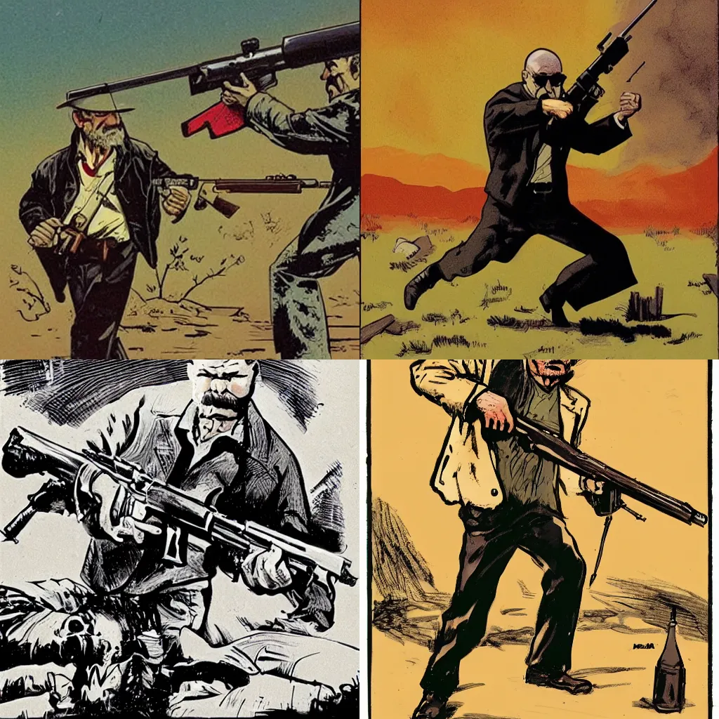 Prompt: charles bronson shoots a winchester rifle, mike mignola art