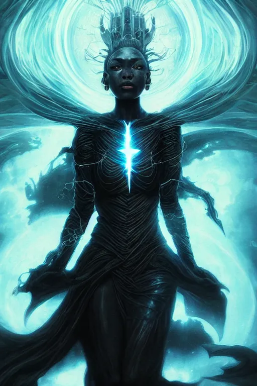 Image similar to Goddess of Black Lightning, digital art, fantasy, magic, trending on artstation, illustration by Seb McKinnon and Peter Mohrbacher, ultra detailed, atmospheric, powerful presence, bossfight, darksouls, grand finale, explosive entrance, final battle, cutscene, cinematic lighting, beautiful goddess, unleashing the power of the flame, burning pulse, close-up