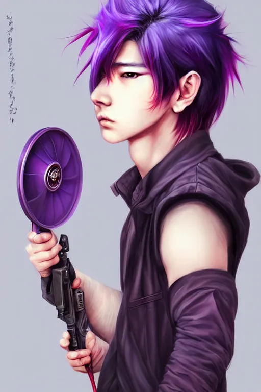 Image similar to gorgeous!!! hyper - realistic teenager boy with purple hair, purple eyes with red eye markets, wearing combat japanese clothes, holding a fan | drawn by wlop, drawn by jeehyung lee, drawn by artgerm | intricate, highly detailed, digital painting, character design, concept art, illustration, artstation