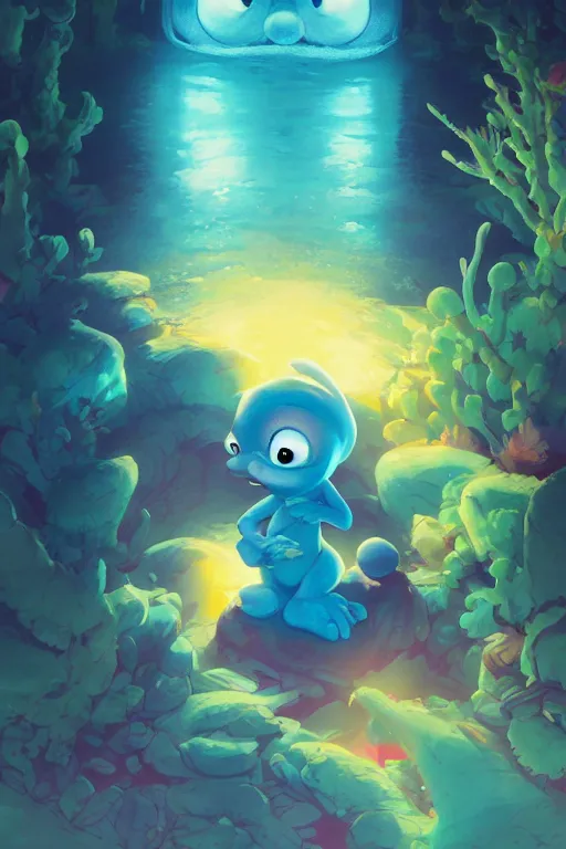 Image similar to smurf ghost creature animal sushi cristal very big eye roots cactus elemental flush of force nature micro world fluo fishscale, behance hd by jesper ejsing, by rhads, makoto shinkai and lois van baarle, ilya kuvshinov, rossdraws radiating a glowing aura global illumination ray tracing hdr