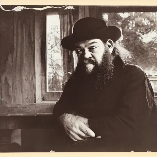 Image similar to la monte young listening to the wind in a log cabin, hyperrealistic portrait