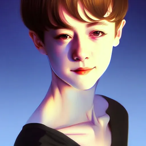 Image similar to youth sean young very slightly smiling, occlusion shadow, specular reflection, rim light, unreal engine, range murata, artstation, pinterest, art by hiroaki samura and ilya kuvshinov and rossdraws, intricate, highly detailed 8 k, art deco illustration, extremely beautiful shape of face, neck, shoulders eyes