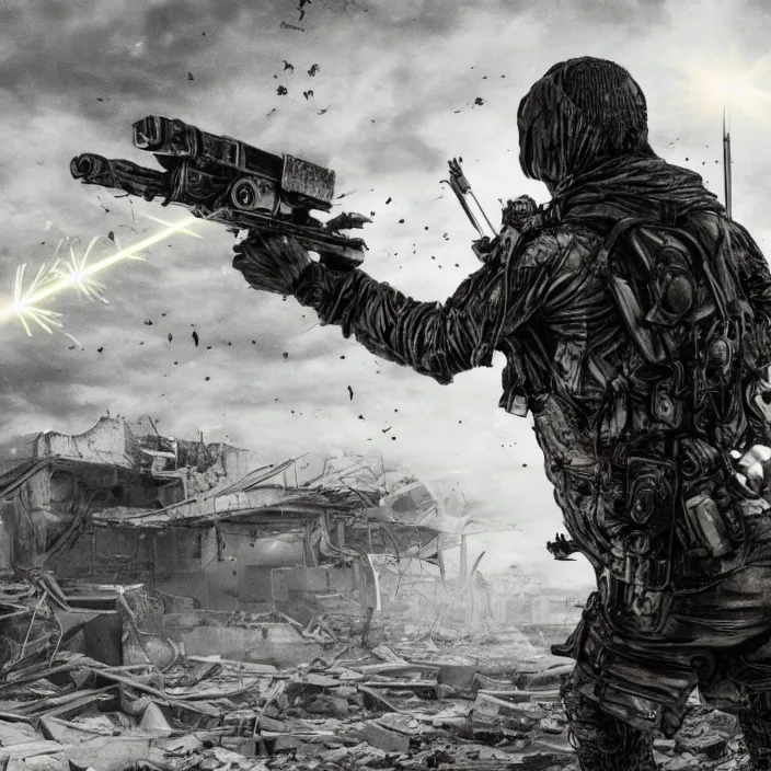 Image similar to gritty hooded apocalyptic man firing laser - rifle in destroyed airport, hyper - detailed, smooth, sharp focus, 4 k ultra hd, fantasy dark art, apocalyptic art
