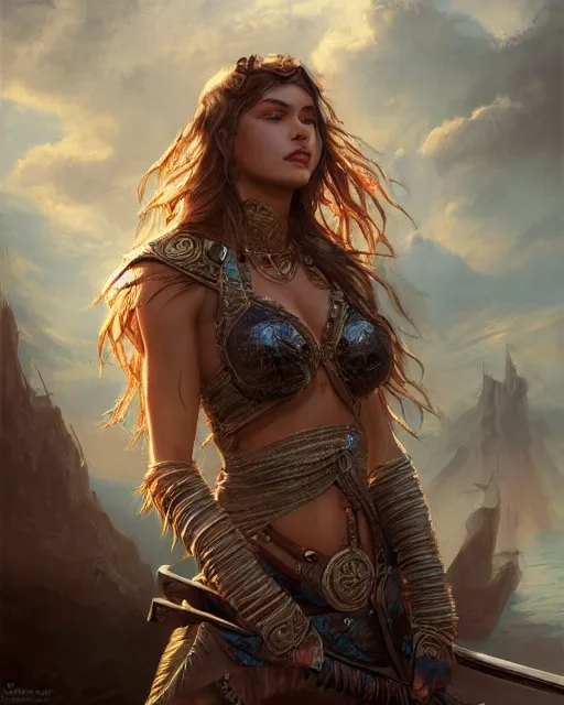 Prompt: A beautiful female warrior posing on a boat, beautiful face, highly detailed face, close-up, fantasy woman, fantasy art, in the style of greg rutkowski, illustration, epic, fantasy, intricate, hyper detailed, artstation, concept art, smooth, sharp focus, ray tracing