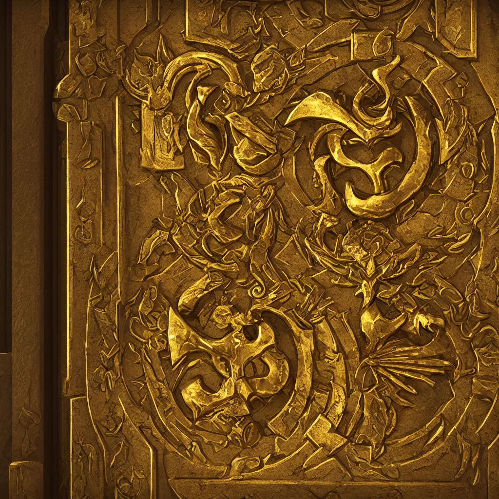 Prompt: symbol of a thieves guild on a secret door, embossed in gold, realistic, trending on artstation, unreal engine