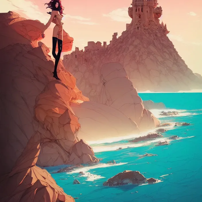 Image similar to style artgerm, joshua middleton, conrad roset, a giant brown stone castle in the desert, very long spires, sand swirling, detailed, ocean background setting, volumetric lighting