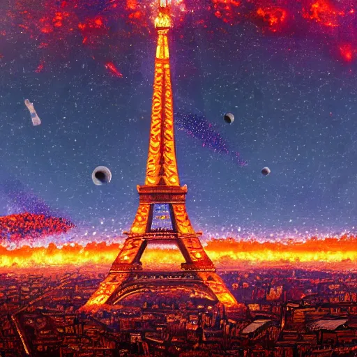 Image similar to the eifel tower gets hit by an asteroid, multiple asteroids are in the air, paris in the background is burning, apocalyptic, highly detailed, 4 k, digital paintin, sharp focus, tending on artstation