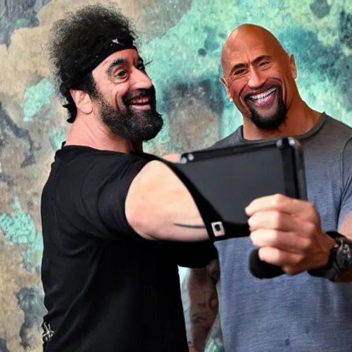 Prompt: caparezza taking a selfie with dwayne johnson, realistic, clean composition