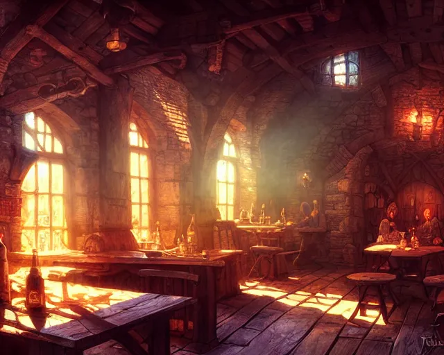 Image similar to a medieval tavern, beautiful, detailed, dark, concept art illustration, color page, tone mapping, akihiko yoshida, james jean, andrei riabovitchev, marc simonetti, digital illustration, greg rutowski, volumetric lighting, sunbeams, particles