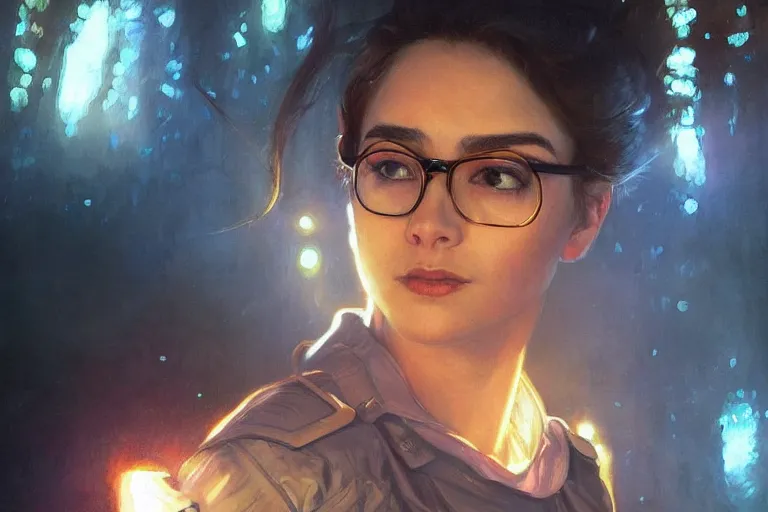 Image similar to Beautiful portrait of a glowing police officer wearing specs. wide angle, magic, fire, face painting, darkness, dramatic lighting, intricate, wild, highly detailed, digital painting, artstation, concept art, smooth, sharp focus, illustration, art by artgerm and greg rutkowski and alphonse mucha, footage from space camera