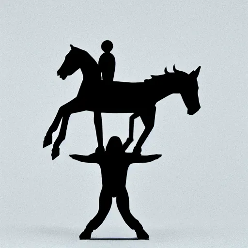 Image similar to an astronaut standing on the ground and a small trippy aggressive centaur standing on that poor standing on all - fours astronaut, trying to ride it the horse is on his shoulders minimalist style, 3 d render, isometry