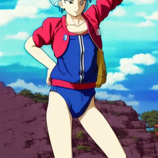 Image similar to a beautiful! boyish! natalie portman bulma from dragonball, alluring gravure! model, wearing hip hop mayan bomber jacket and leotard with native style overalls, bulky poofy bomber jacket with mayan patterns, guilty gear art style, trending on pixiv, painted by makoto shinkai takashi takeuchi studio ghibli, akihiko yoshida