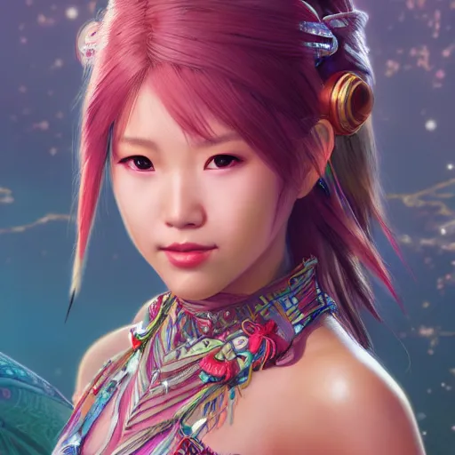 Image similar to a head and shoulders portrait of Yuna from Final Fantasy X, neon, retro, smooth, sharp focus, intricate, artstation, detailed concept art by Rutkowski and Mucha and sky sewa and Marc Simonetti