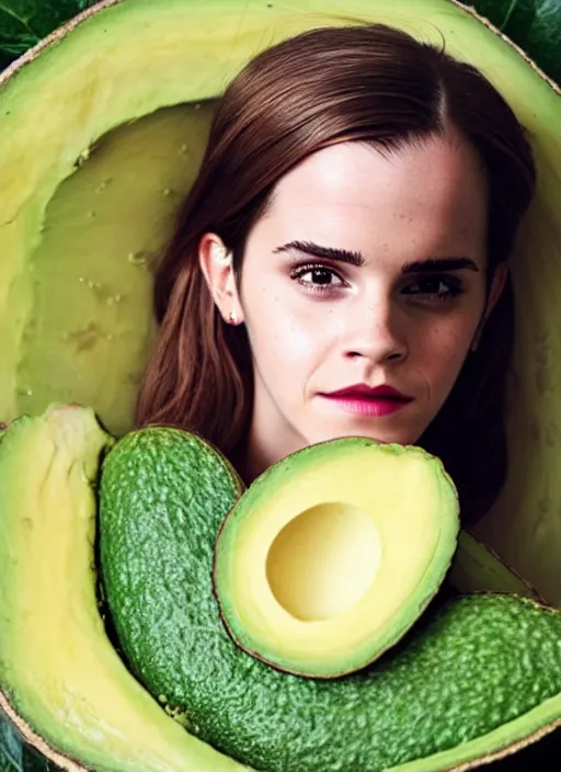 Image similar to emma watson inside an avocado, high quality photography