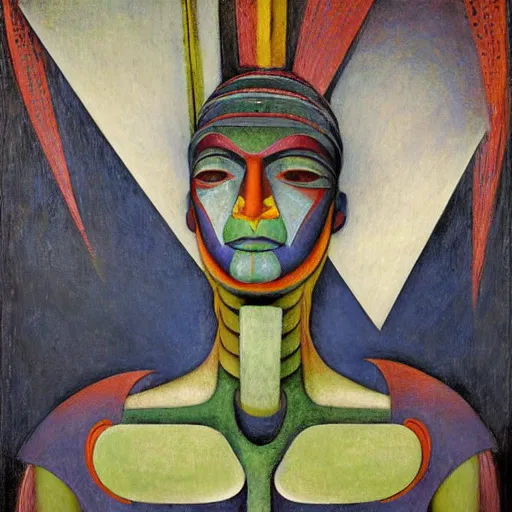 Image similar to portrait of a robot shaman, by annie swynnerton and edward hopper and diego rivera and rufino tamayo and jean delville and evelyn de morgan, art deco shaman, stylized geometric flowers, art brut, outsider art, symbolist, dramatic lighting, god rays, clean crisp graphics, smooth sharp focus, extremely detailed, adolf wolfli